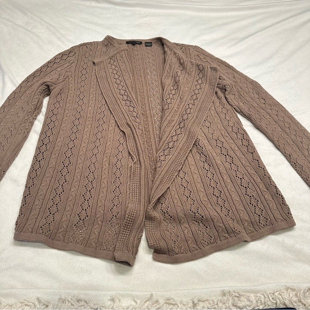 JEANNE PIERRE Light Brown Open-Front‎ Cardigan M 100% Cotton - Picture 3 of 9